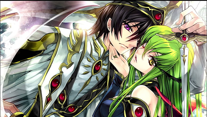 Lelouch Lamperouge and C.C. from Code Geass standing together with a dramatic backdrop — stylish anime wallpaper featuring iconic mecha series anime characters.