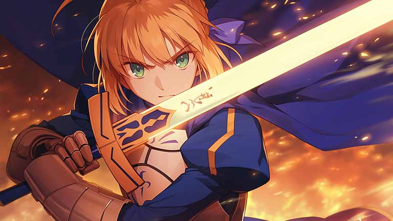Saber from Fate/Stay Night holding Excalibur in a battle stance, glowing sword against a dramatic sky — anime desktop wallpaper cover image.