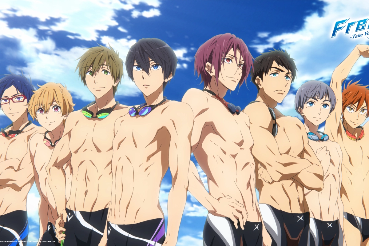 Iwatobi Swim Club team from the Free! anime, featuring Haru, Makoto, Nagisa, and Rei in their swim gear.